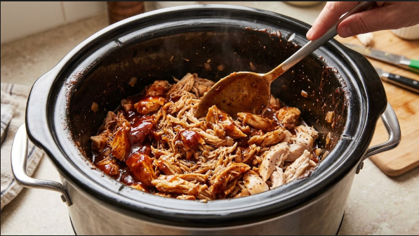  Shredded BBQ chicken being stirred with sauce in the slow cooker