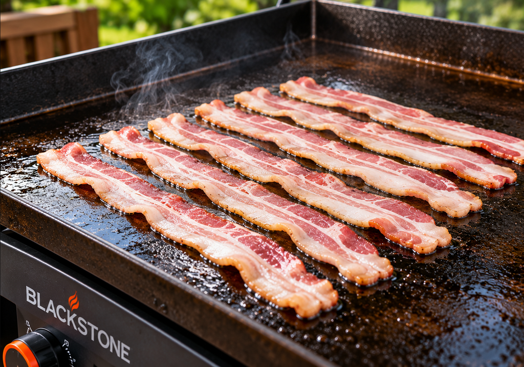 Dry bacon strips laid in a single row on a preheated Blackstone griddle, fat side down