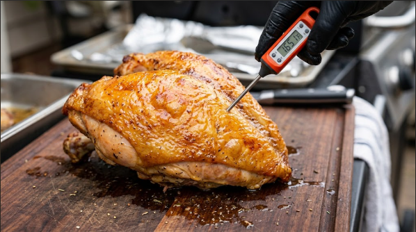 Thermometer inserted into the thickest part of a bone-in turkey breast