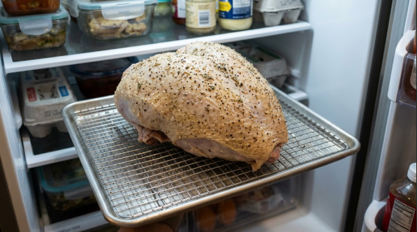  Dry-brined turkey breast on a rack in the fridge, skin dry and seasoned