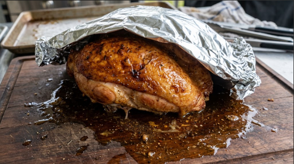 Smoked turkey breast resting under foil, juices visible on the board