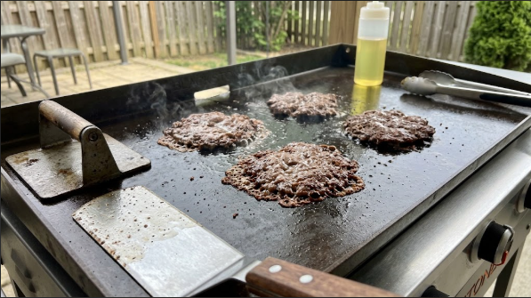 Smash burger patties pressed on a lightly oiled Blackstone with lacy brown edges