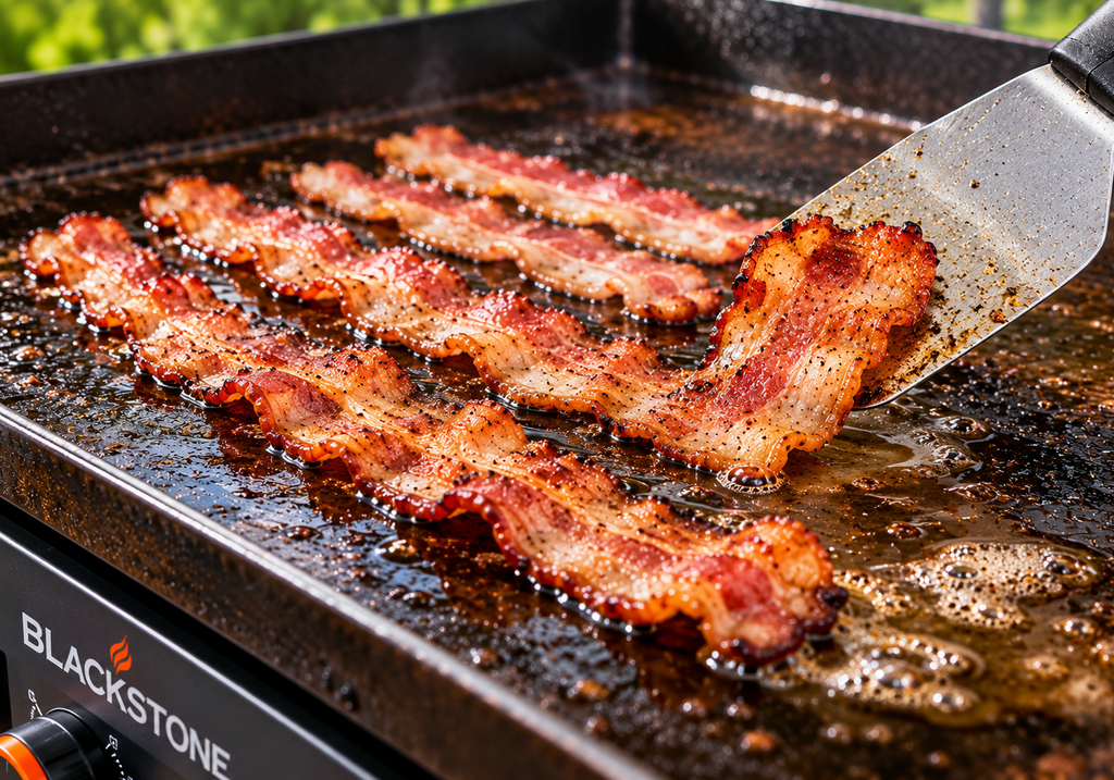 Spatula flipping a strip at golden brown with rendered fat pooling nearby.