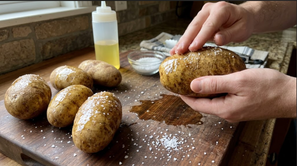 Scrubbed russets on a cutting board being rubbed with oil and kosher salt