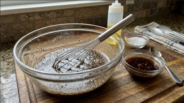 Whisked marinade in a glass bowl with the reserved 1/4 cup glaze in a small bowl beside it