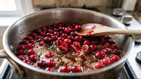  Cranberries just starting to burst in the saucepan, with brown sugar dissolved
