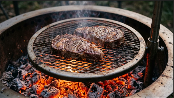 Two 1-lb (0.45 kg) ribeyes on the Outpost grate over glowing coals