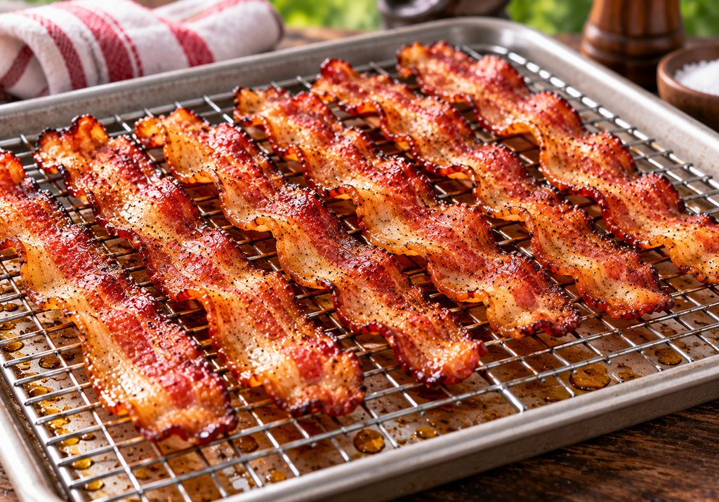 Bacon draining on a wire rack over a sheet pan