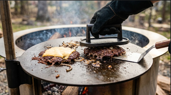Smash burgers on the Breeo griddle with a press and spatula