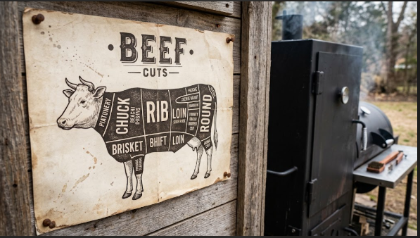 Butcher-style beef diagram or printed beef cuts chart pinned next to your smoker