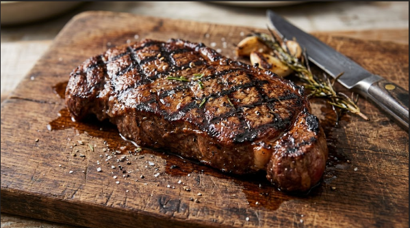 Thick strip steak with crosshatch sear marks, resting on a wooden board