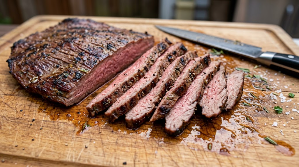 Sliced flank steak showing the correct cut across the grain