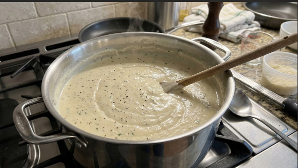 Fresh pot of creamy Alfredo sauce on the stove, cooled slightly before portioning