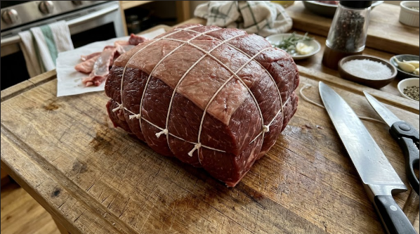 Trimmed and tied bottom round roast on a cutting board before seasoning