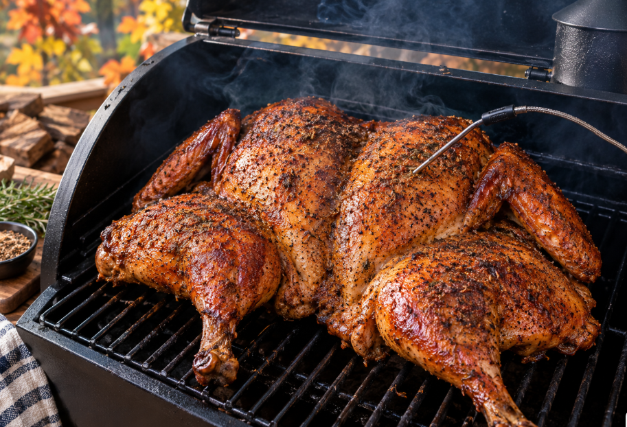 Spatchcocked turkey with browned skin on the smoker grate
