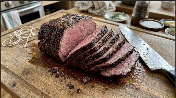 Sliced bottom round roast showing pink center and dark bark