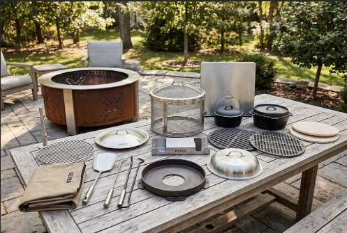 Full Breeo accessory lineup laid out on a patio table next to an X Series fire pit