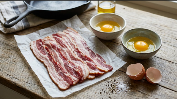 Raw bacon strips laid out beside cracked eggs in small bowls, ready to cook