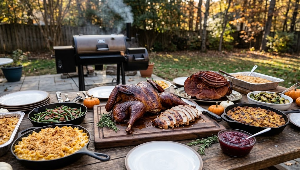 Smoked turkey and side dishes on a pellet grill for Thanksgiving smoker recipes